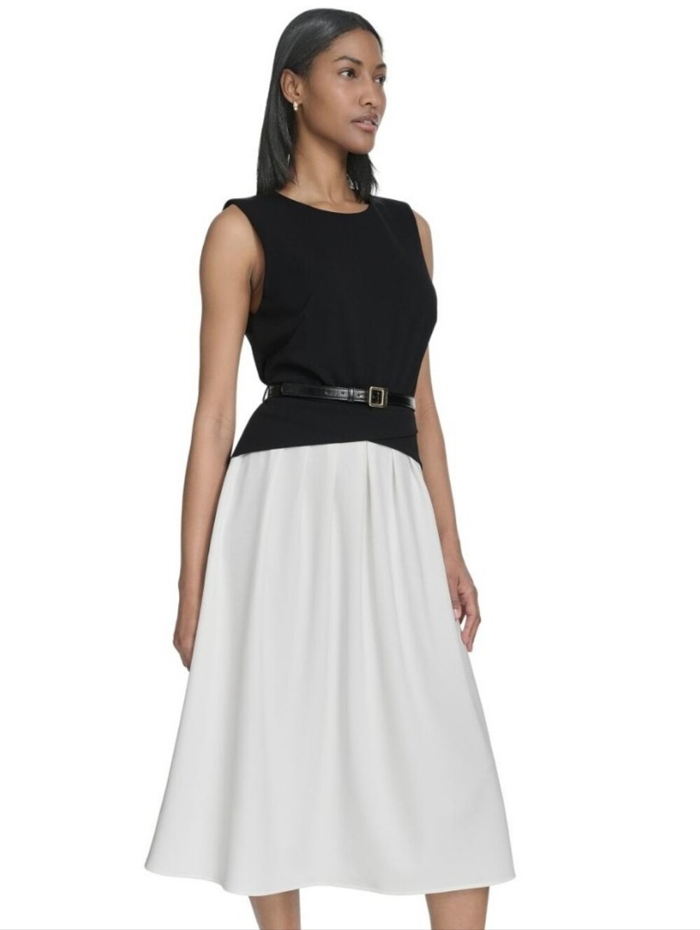 Halston Size 10 Black White Colorblock Midi Dress Sleeveless Fit Flare No Belt